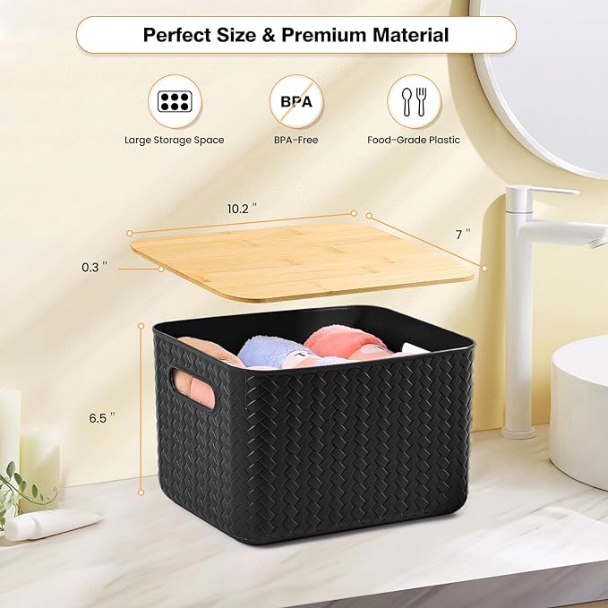 Ohmlove 4 Packs Storage Bins with Bamboo Lids - Plastic Storage Containers with Lids Stackable Storage Box: Storages Baskets for Organizing Desktop Closet Playroom Classroom Office, Black