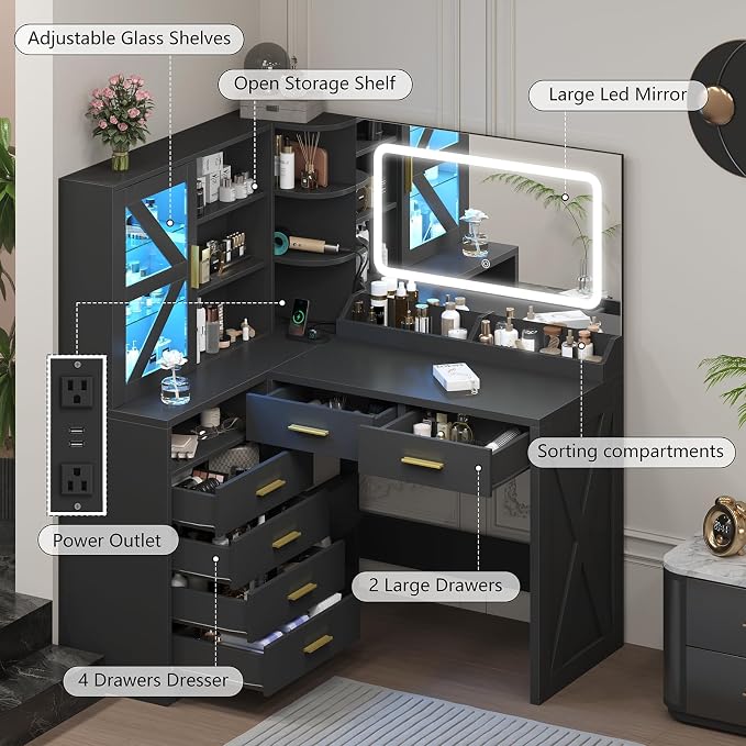 L-Shaped Corner Vanity Desk with LED Lighted Mirror & Charging Station, Black Makeup Vanity with 6 Drawers & Sliding RGB Cabinet, Large Farmhouse Dressing Table with Open Storage Shelves for Women