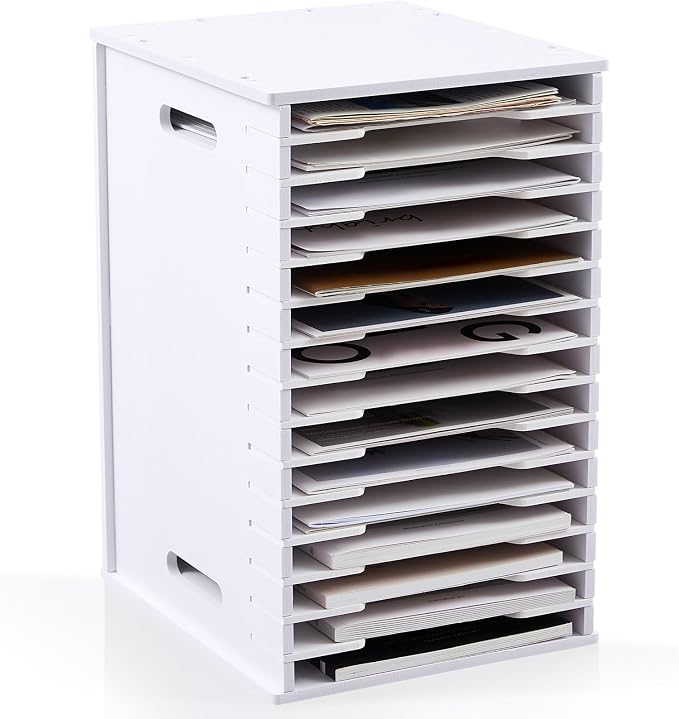 Juexica 15 Tier 8.5" x 11" Scrapbook Paper Organizer, White Cardstock File Organizer with Adjustable Shelves, Stackable Paper Trays, Desktop Storage Rack Document Holder for Desk Home Office