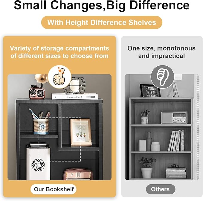 VECELO 15.7" Open Bookshelf, Waterproof Particle Board Asymmetrical Split Cubby Storage Organizer, Black Uneven Compartment Display Cube for Tall Books, Bedroom Dorm Office