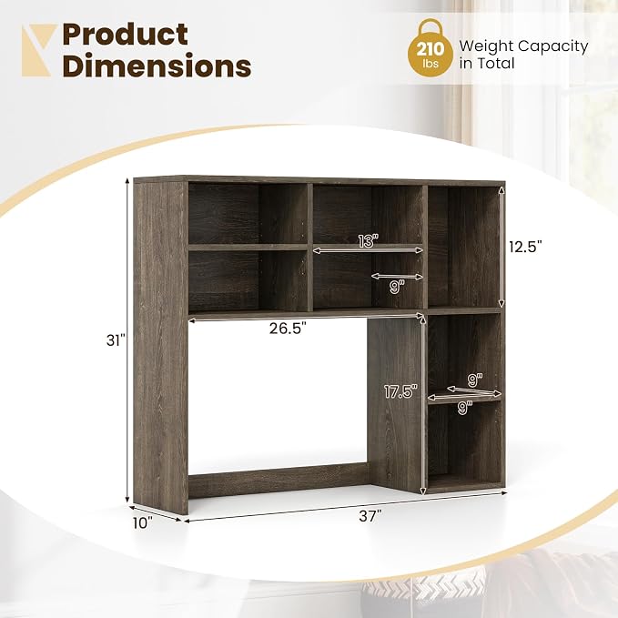 Giantex Desktop Bookshelf, Desk Hutch Dorm w/ 7 Cubes & 3 Adjustable Shelves, Desk Shelf for Up to 27" Computer Monitors, Wooden Desktop Storage Organizer for Dorm College Office Home (Grey Oak)