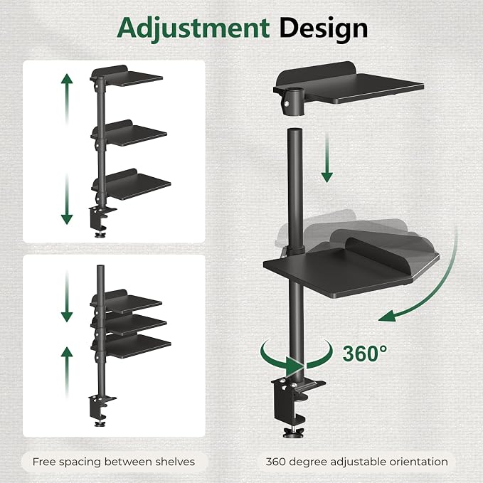 3 Tier Clamp-on Desk Shelf Height Adjustable, 360° Rotatable Desktop Storage Tray with Baffle, Over or Under Desk Organizer Shelf for Office Accessories, Black