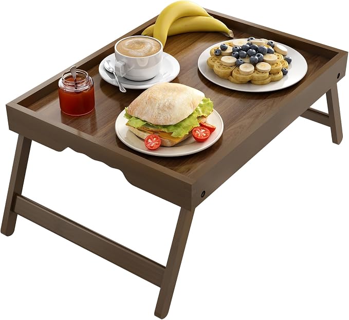 Artmalle Bed Tray Table Folding Legs with Handles Groove Breakfast Food Tray for Sofa, Bed, Eating, Drawing, Platters Serving Lap Desk Snack Trays (Brown Large)