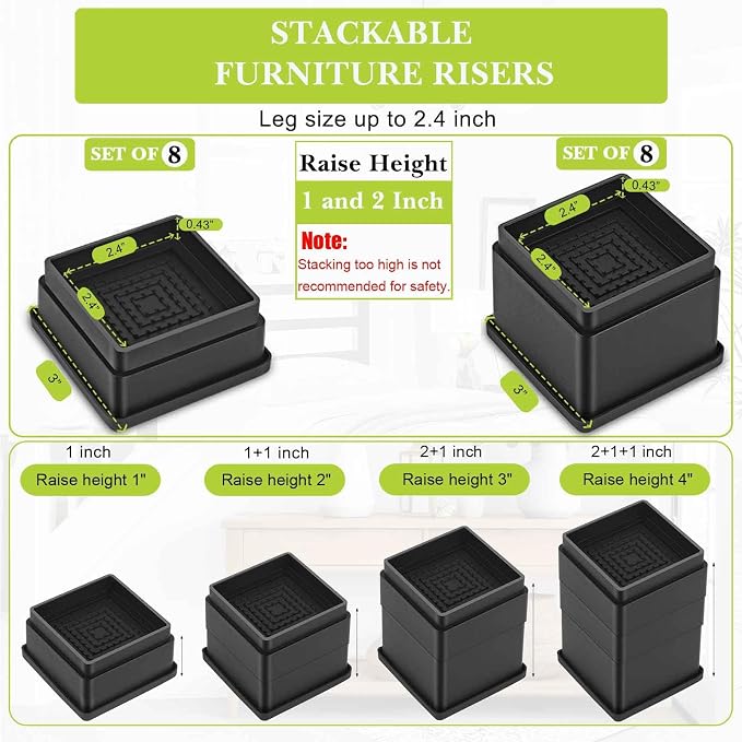 8 Pack Furniture Risers 3 Inch, Adjustable Bed Risers Heavy Duty for Table Desk Couch Chair Sofa Cabinet Bed Frame Dorm, Square Stackable Table Leg Risers Lift Height 1", 2” or 3", Black