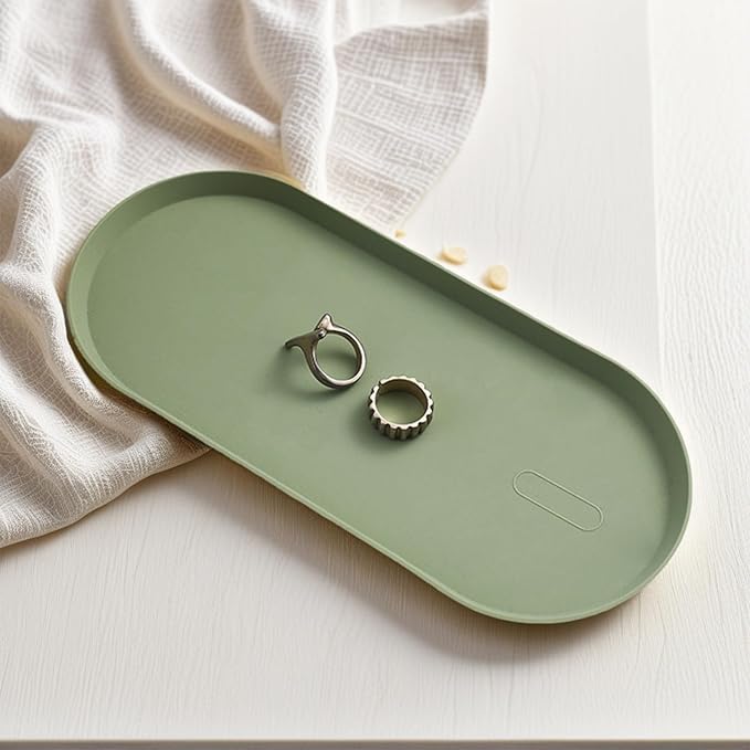 Green Silicone Vanity Tray, 8.66x3.94 Inch Oval Food-Grade Counter Organizer, Dishwasher Safe Scratch-Proof Storage Tray for Jewelry Makeup Bathroom Desk