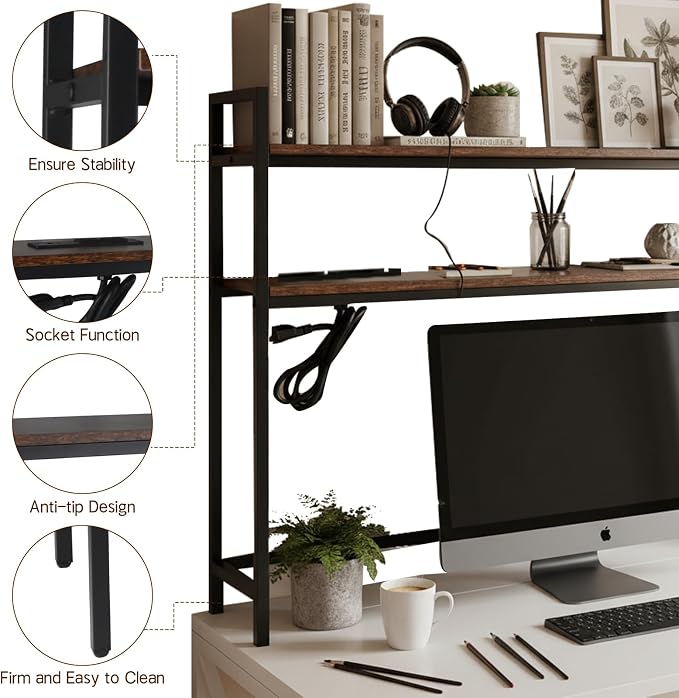 38.5" Desk Shelf with Outlets, 2-Tier Adjustable Multipurpose Engineered Wood Organizer Desk Hutch, Office Storage Rack, Desktop Shelf Organizer for Dorm,Office Home (Brown)