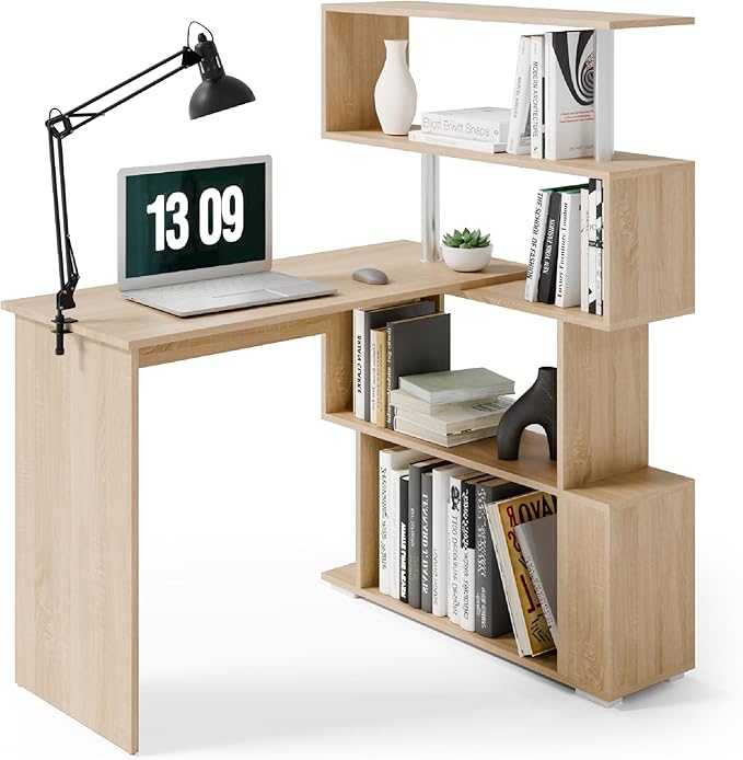 Mondeer L Shaped Computer Desk, Corner Desk, 360 Degree Rotatable, Space Saving Table with Spacious Storage for Home Office Workstation Study, 157 x 45 x 130.5 cm, Oak