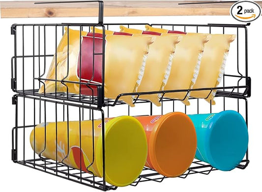Hanging Under Shelf Storage Basket, 2 Pack Foldable Under Cabinet Metal Desk Storage Wire Rack Organizer for Kitchen Pantry Bookshelf Office Home, Easy to Install Slide-in Under Shelves (Black)