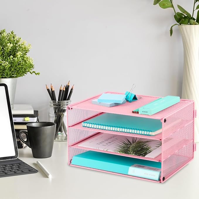 EASEPRES Paper Organizer Tray, 3 Tier Mesh Desk File Organizer Letter Sorter Holder for Home Office, Pink