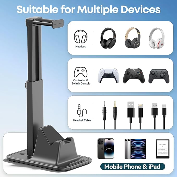 Gaming Headset & Controller Stand, Rotating Headphone Storage with Controller & Phone Holder, Game Desk Storage with Cable Organizer for PS5/PS4/XBOX PC Gamer Essentials Organizer Gift Accessories