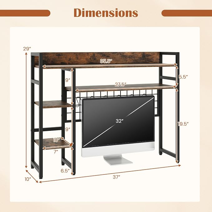 Giantex Desktop Bookshelf, 37" Desk Shelf for Up to 32" Computer Monitor, 4 Tier Desktop Display Shelves w/Grid Panel, 6 Movable Hooks, Anti-tip Device, Desk Hutch for Home Office Dorm (Rustic Brown)