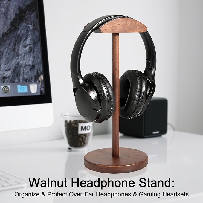 Walnut Wood Headphone Stand for Desk, Heavy Duty Wooden Headset Stand, Wide Compatibility Gaming Headset Hanger Holder, Stylish Desk Accessories for Home & Office