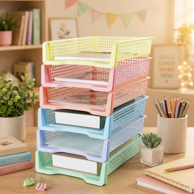 Set of 6 Pastel Turn in Trays for Teachers Stackable Classroom Paper Letter Trays Plastic Classroom Desk Letter Organizer Tray Storage Baskets for Library, Drawers, Office, Home