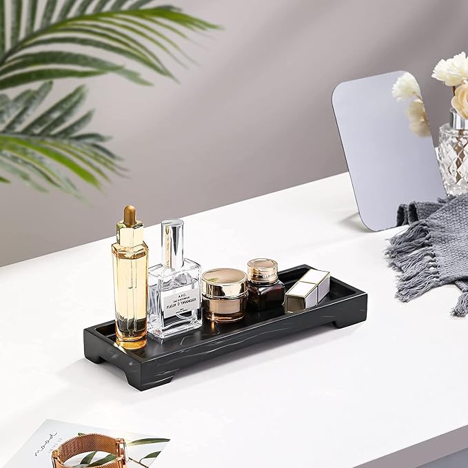 Luxspire Resin Vanity Tray, Bathroom Tray Toilet Tank Storage Tray, 11 x 4 inch Kitchen Sink Trays, Vanity Countertop Organizer for Candles Soap Towel Perfume Holder Jewelry Dish Decor, Ink Black