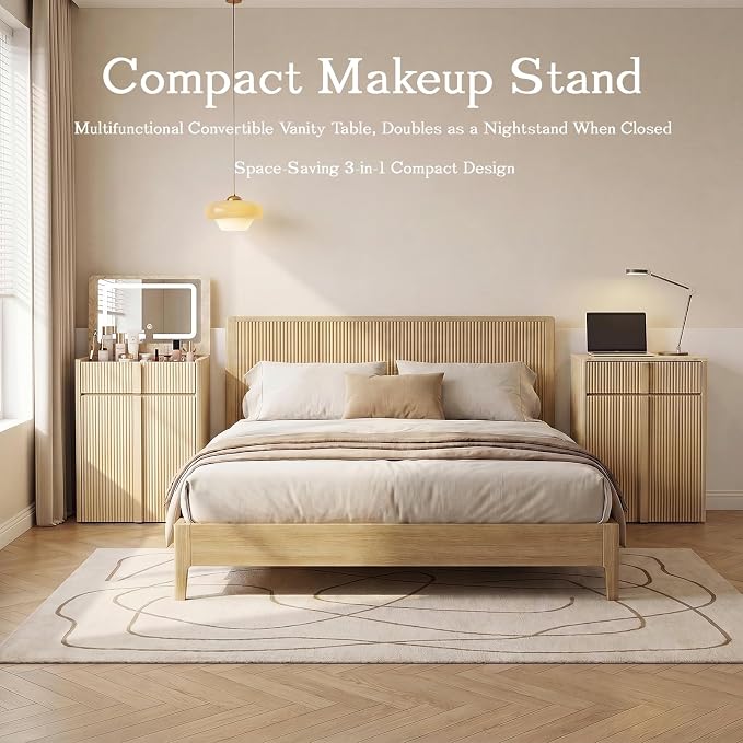 3-in-1 Small Vanity Desk with Drawers & Stool, Compact Makeup Vanity Dresser Set with Ample Leg Room, Sturdy 24" nightstand with Mirror Bedside Table Combo for Bedroom Small Space,Oak