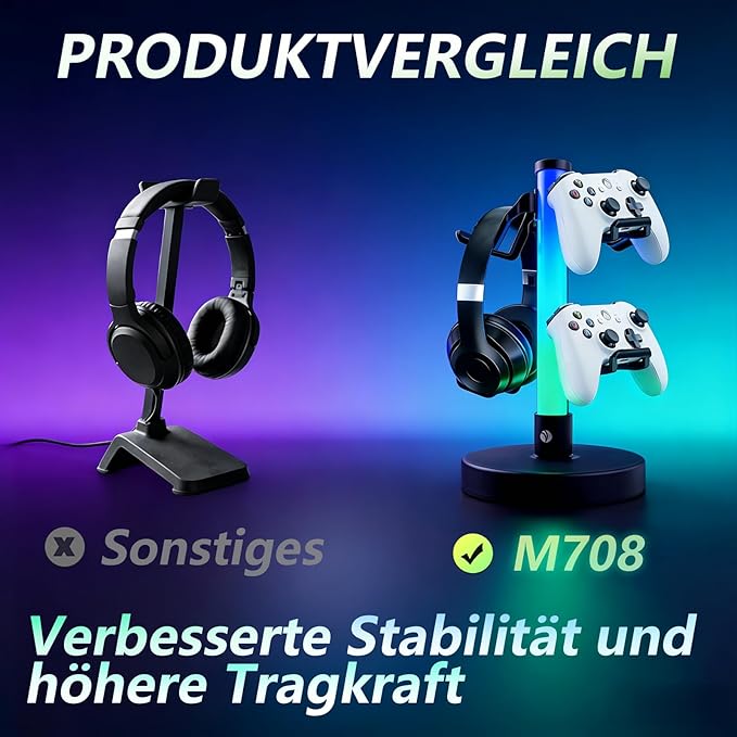 VCOM Headphone Stand with 17 Light Modes, Gaming Controller Holder with Remote Control, PC Gaming Accessories for Desk, Universal Organizer Headpsets/Xbox/PS5 Headset Stand Gamer Gifts