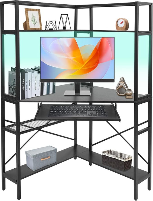 Corner Desk, Triangle Corner Computer Desk with Keyboard Tray and USB Ports, Small Computer Desk with Hutch and LED Lights ComputerDesk for Small Space, Home Office Desk, Black