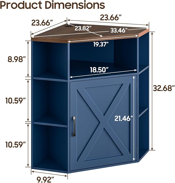 Vabches Corner Cabinet, Corner Storage Shelf with USB Ports and Outlets Industrial Organizer for Small Space Wooden 6-Cubby Bookshelf for Study, Playroom, Living Room (Blue and Brown)