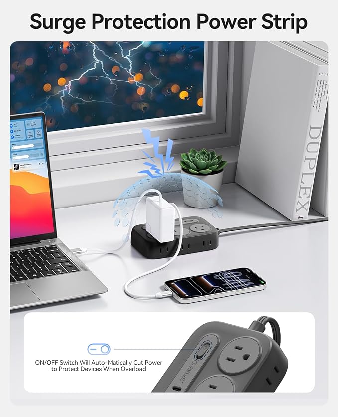 ORICO Surge Protector Power Strip, PD20W Multiple Outlets Extension Cord with 6 AC Outlets and 4 USB Charging Ports (2 USB-C), Flat Plug, 10Ft Mountable Outlet Extender for Office/Dorm ETL Listed- OG