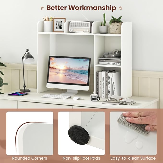 Desktop Bookshelf, 3-Tier Desk Organizer Shelves with 5 Display Rack, Countertop Storage Bookcase for Computer Desk, Desk Hutch Shelf for Top of Desk, Dorm, Home, Office (White)