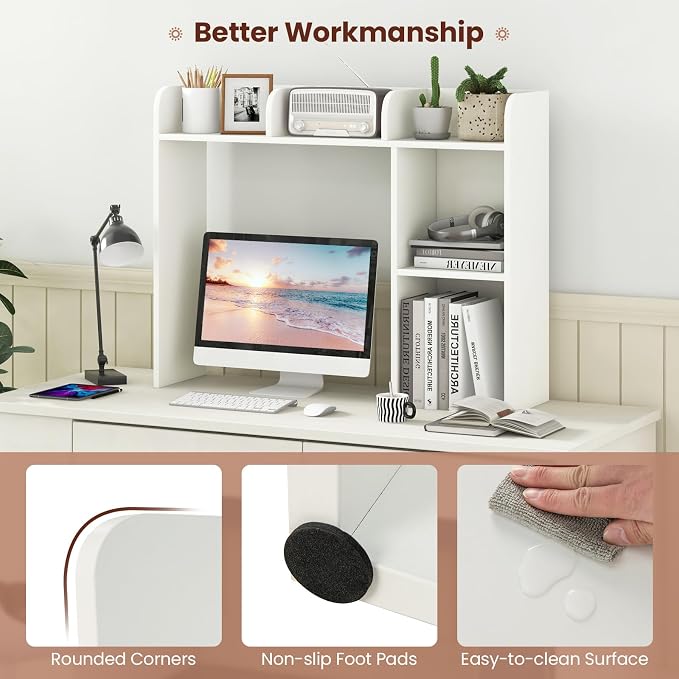 MAT EXPERT Desk Organizer, Wooden Desktop Shelf for 27 Inch Monitor with 5 Shelves & Non-Slip Foot Pads, Anti-Tipping Device, Multipurpose Desk Hutch for Study, Office, Dorm (White)