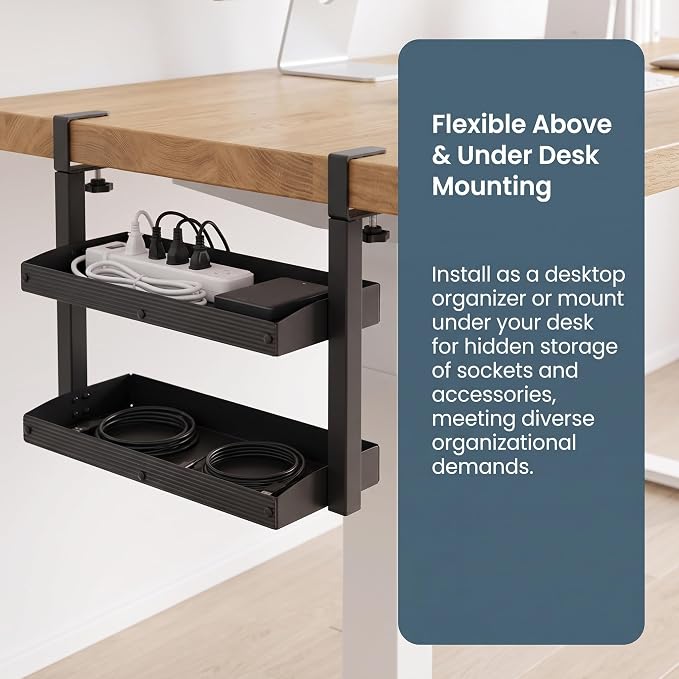 2-Tier Clamp-on Desk Shelving Unit, Adjustable Metal Storage Tray, Space-Saving Desktop Organizer for Gaming, Office Supplies, Monitor Stand, Dresser Top Storage, Ideal for Home Office, Study,