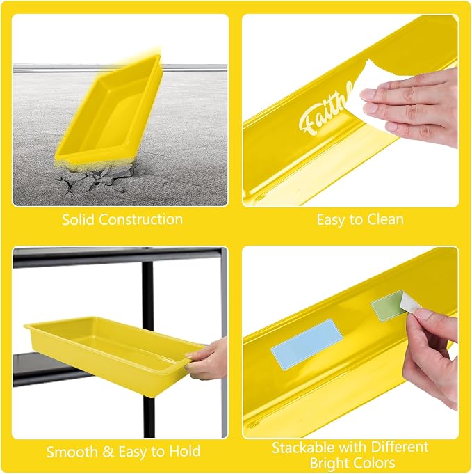 ShineMe 6 Pack Paper Trays for Classroom, Yellow Plastic Book Bins with Colorful Labels, Stackable Letter Size Storage Tray, Desk Organizer Tray for Home, School and Office