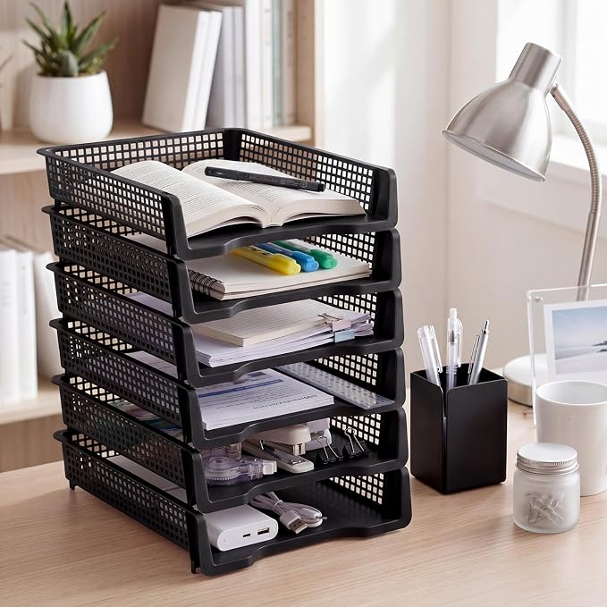 Geetery Set of 12 Plastic Trays for Teachers Turn in Trays Classroom Stackable Paper Tray Plastic Classroom Teachers Desk Letter Organizer Storage Baskets for Office, Desk, Home (Black)