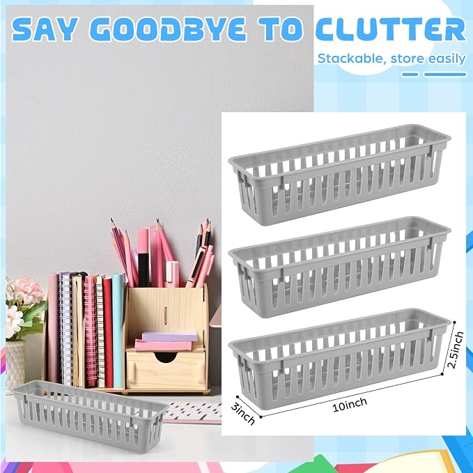 12 Pcs Gray Slim Plastic Storage Baskets Tray 10 x 3 x 2.5 Inch Compact Stackable Desk Organizer for Office, Classroom, School Supplies, and Home Storage, Organization(Gray)