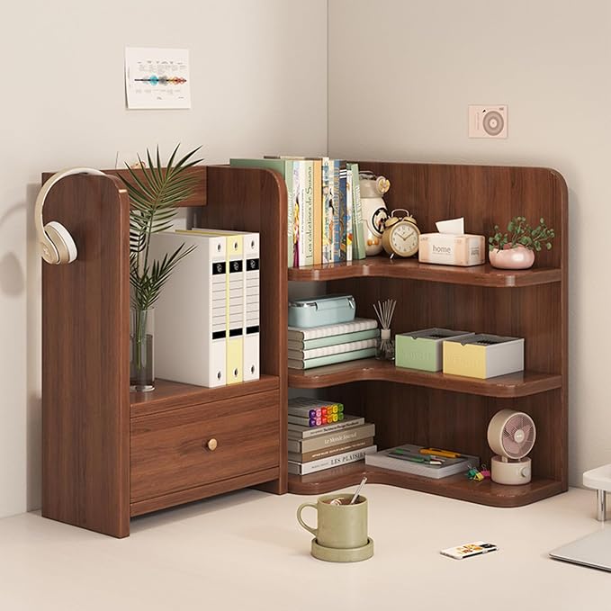 Corner Desktop Bookshelf with Drawer Wood Storage Organizer Shelves for Home Office Walnut 60cm/23.62in