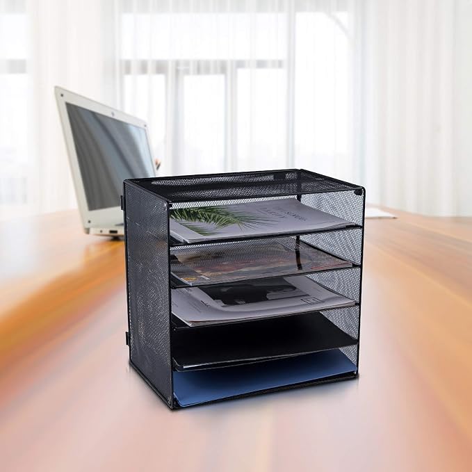 EASEPRES 5 Slot Mesh Desk Organizer Tray, File Paper Letter Folder Holder Desktop Paper Sorter Mail Organization Rack Storage Accessories, for Office Home School Classroom, Black, 2 Pack