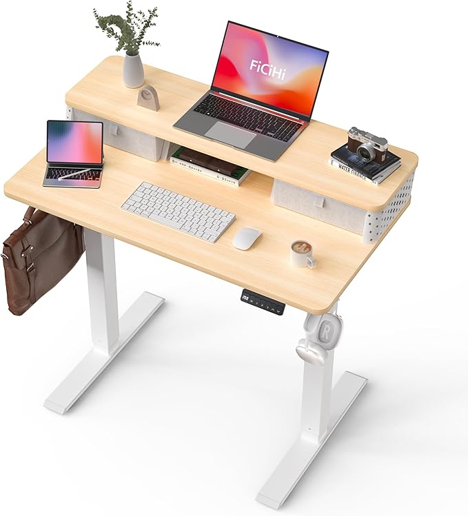 FiCiHi 40x24 Inch Standing Desk with Drawers, C-Clamp Mount Compatible, Electric Adjustable Height Computer Small Stand Up Desks, Home Office Sit Stand Table with 3 Preset Heights, Maple