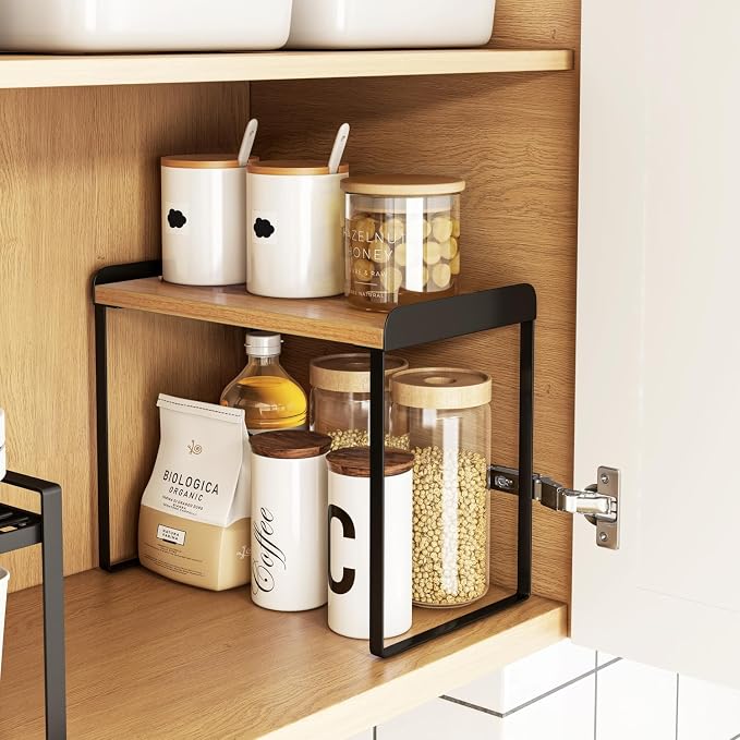 Mitus Shelf Organizer and Storage, Tiered Wood Cabinet Rack for The Kitchen Counter, Bathroom Counter, Pantry Cupboard, Office Desk Bookshelf, 12" Wide Natural and Black