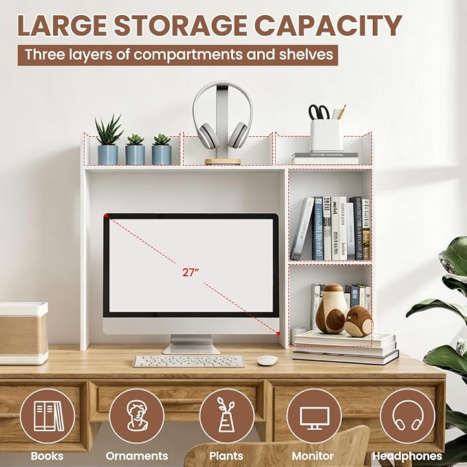 Desk Hutch Dorm White, 3-Tire Wood Desk Shelf Storage Organizer for Office Home