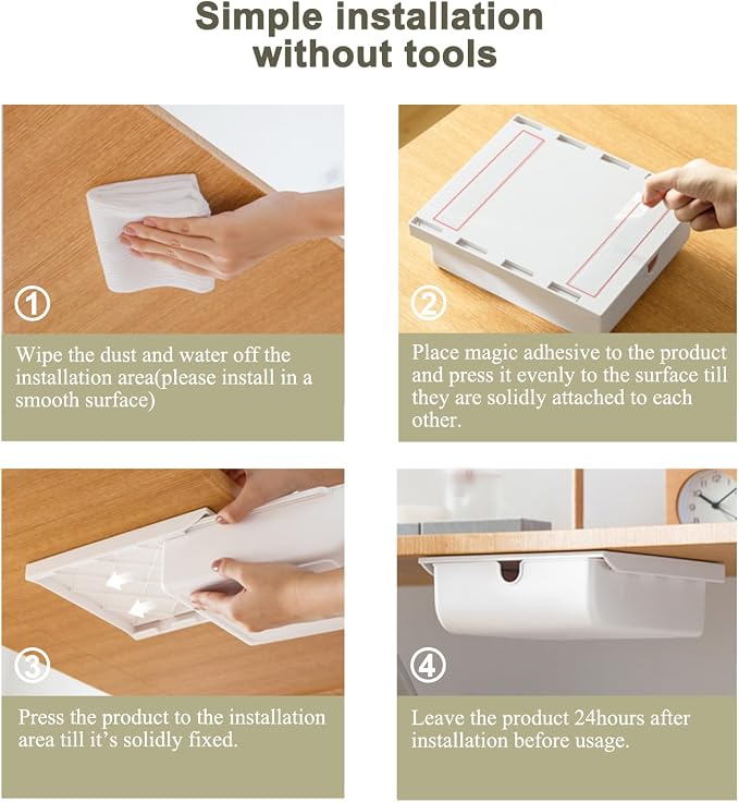 FRETONBA 2 Pack Under Desk Drawer Self-Adhesive Hidden Desktop Organizer, Attachable Desk Drawer Slide Out, Table Storage Tray for Stationery Home Office Organization Medium White