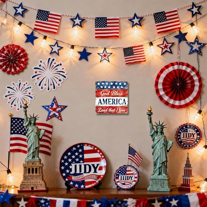 Patriotic Wooden Box Sign,God Bless America 4th Of July Signs Home Decor,Independence Memorial Day Block Sign for Desk Shelf Tabletop Decor