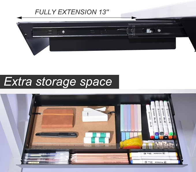 Large Under Desk Mounted Sliding Drawer with Pencil Tray and 60 Degree Tilt Panel to Pull Out, 30'' Long & 13'' deep Large Storage Organizer for Sit Stand Workstation