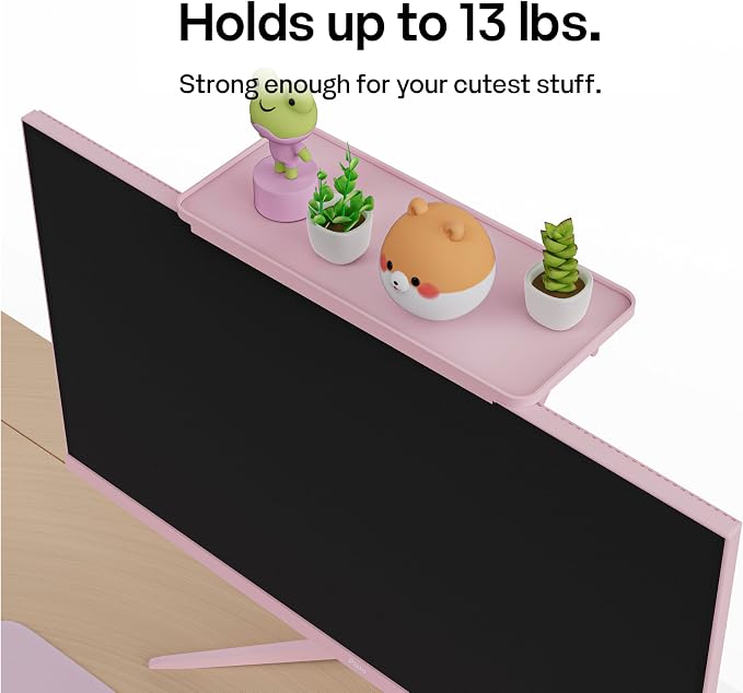 Pixio 12 inch Pink Monitor Storage Top Shelf - Adjustable Platform, Universal Fit, Holds Up to 13lbs, Works on TV, Flat, Curved Monitors, Storage for Webcams, Clocks, Phone, Figures