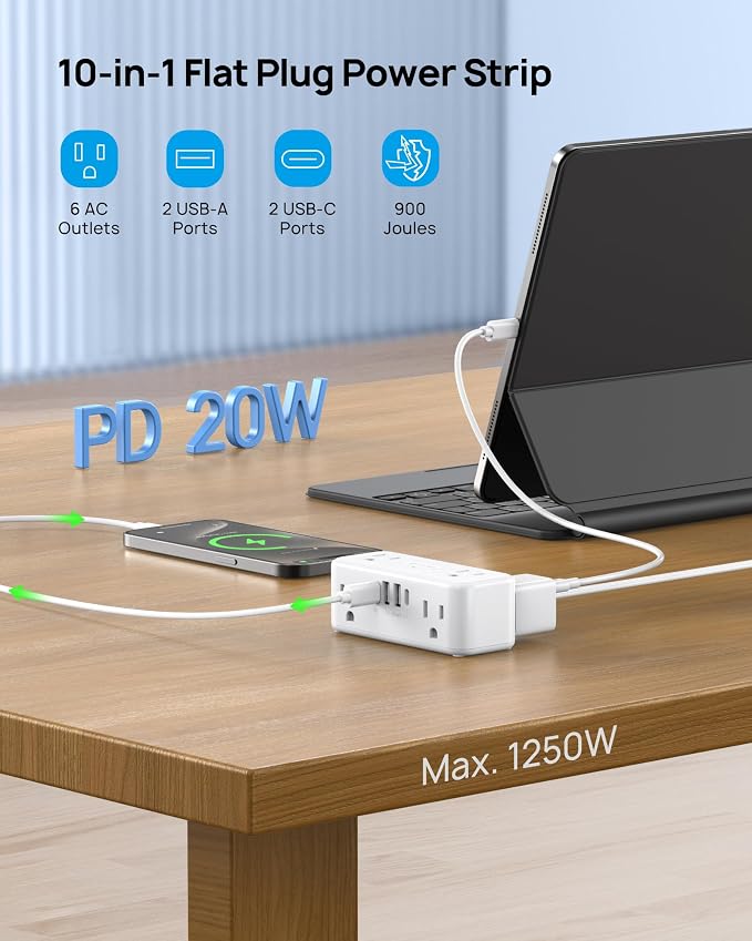 TROND 20W USB C Power Strip Surge Protector - 15ft Flat Plug Extension Cord with Multiple 6 Outlets, 900 Joules, 3 Side Design, Mountable, Compact for Home Office Desk College Dorm Room Essentials