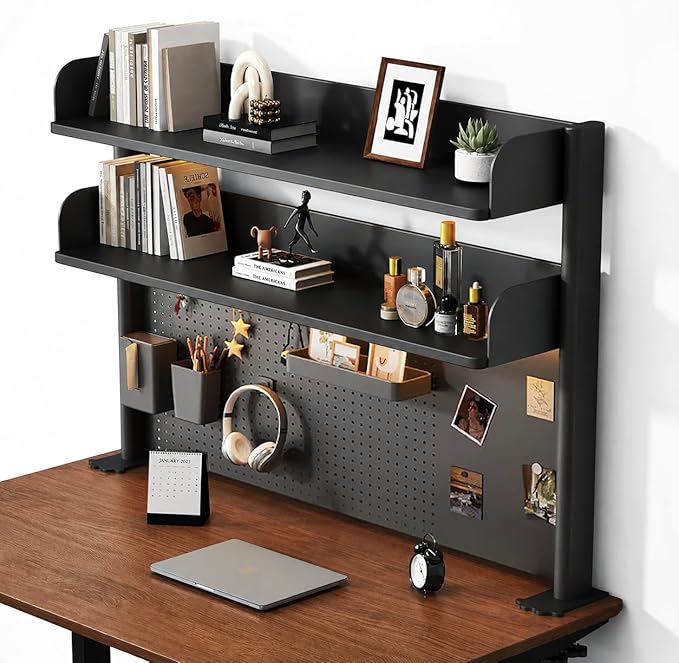 Clamp on Desk Shelf with Pegboard, Desktop Organization Bookshelf Storage Shelves for Home Office Dorm Gaming Desk, Space Saving Tabletop Display Rack