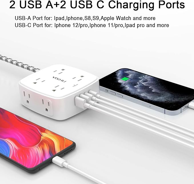 Surge Protector Power Strip - YISHU 8 Outlets with 4 USB (2 USB C) Charging Ports, 5Ft Braided Extension Cord, Flat Plug Multi Plug Outlet Extender Charging Station for Home Office, ETL, White