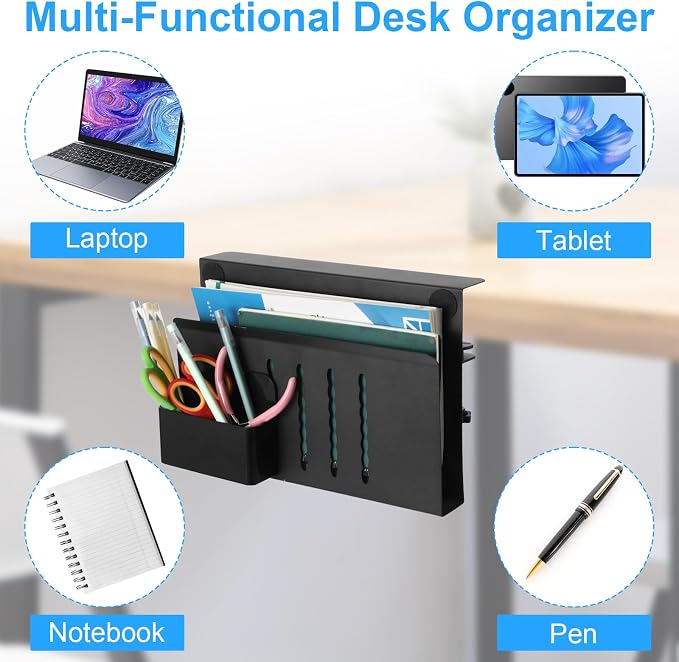Desk Side Storage, No Drill Laptop Holder with Magnetic Pen Organizer, Clamp On Under Desk Mount for Home Office, Fits Flat Edge Tables 0.3" to 2.8"