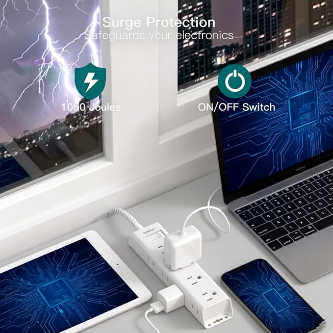 Addtam White Braided Power Strip Surge Protector with 12 Outlets, Flat Plug 5FT Extension Cord, 3-Side Wide Spaced Outlet Extender, Wall Mount Desk Charging Station for Home Office Dorm