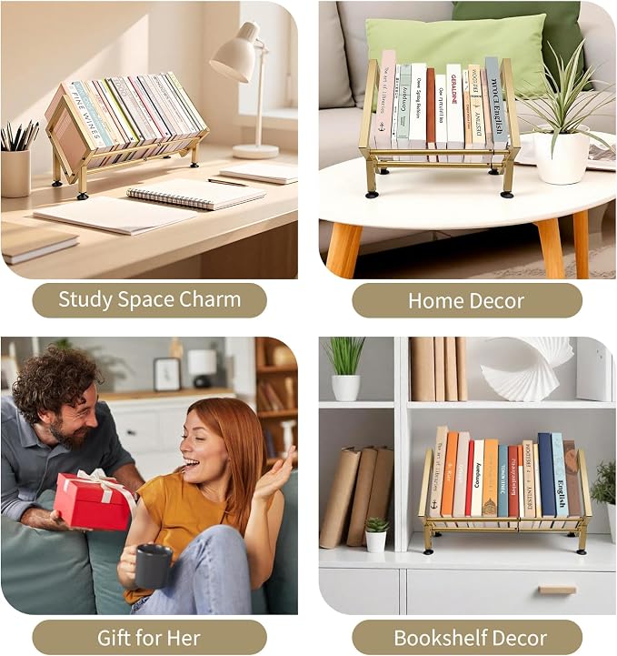 Expandable Desktop Bookshelf Organizer, Small Tabletop Book Storage Rack, Portable Mini Bookcase for Books/CDs/Magazine Display, Desk Shelf for Top of Desk in Living Room, Office, Home Decor (Gold)