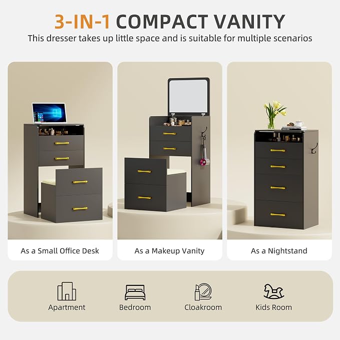 Gurexl 3 in 1 Vanity Desk with Flip Top Mirror,Small Compact Vanity with Visible Glass Desktop,Makeup Vanity Set with 3 Drawers,Cushioned Stool,Dressing Table for Bedroom,Black