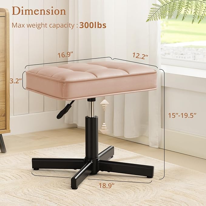LUE BONA Adjustable Vanity Stool, 15''-19.5'' Foot Rest Under Desk, 360° Swivel Vanity Chair for Makeup Room, Rose Gold Upholstered Faux Leather Ottoman for Bathroom & Living Room, 300lbs
