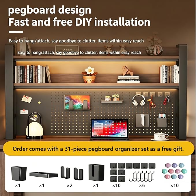 Desk Shelf Organizer with Pegboard & Storage Parts, 45kg Heavy Duty Desk Hutch, Desktop Storage Rack for Office & Home Office Shelves White Shelf/Natural Wood Board (2-Tier) 21.7×10×26"