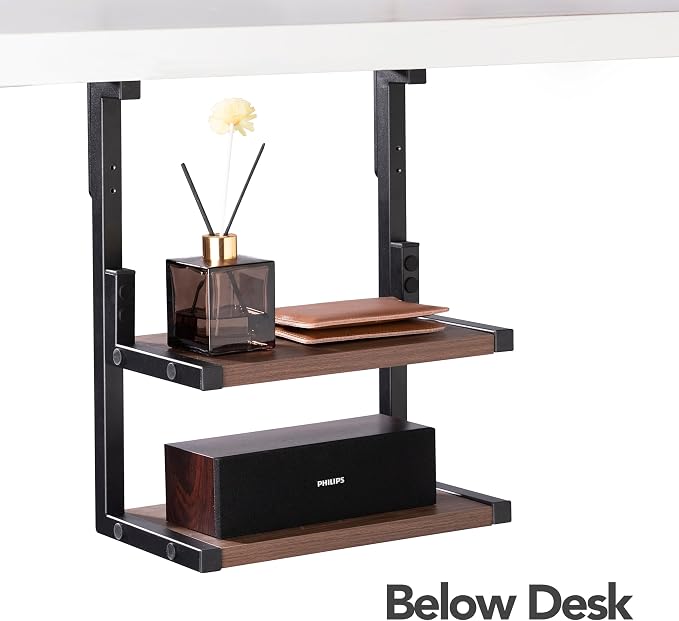 Clamp on Desk Shelf 2-Tier Shelving Unit Table Organizer Above or Under Desk, Storage Tray Desk Workspace Organizers Desktop Storage Table Extender for Office Home (12.6 * 7)