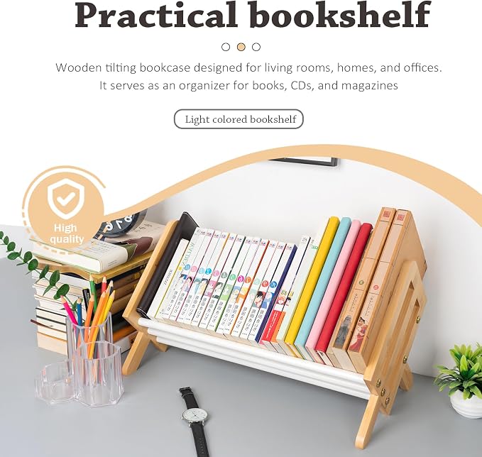 Desktop Bookshelf, Wood Tilting Bookcase with Iron Rack, Book Organizer for CDs/Magazine/Books Display, Storage Rack in Living Room/Studyroom/Home/Office, Yellow & White, 16"