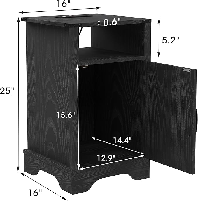 RoyalCraft 25" Tall Nightstand Set of 2, Farmhouse Nightstand with Charging Station, Large Wood End Table with Storage, Black Bedside Table for Bedroom